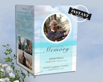 Ocean Tide Funeral Program Template, Blue Sky Funeral Program, Memorial Program Template, Printable Memorial Service, Order Of Service,