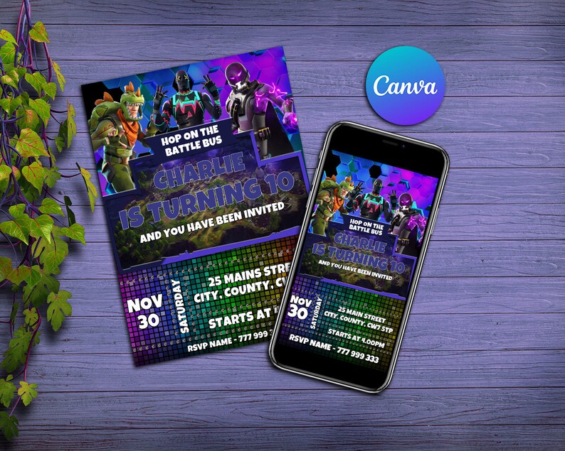 Fotnite Birthday Invitation / Printable Fort Nite Gamer Party Invite / Editable Battle Royal ...