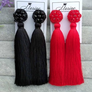 Black tassel earrings, black red silk rhinestone earrings, black crystal earrings, red dangle earrings, tassel beads earrings.Long earrings