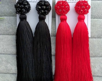 Black tassel earrings, black red silk rhinestone earrings, black crystal earrings, red dangle earrings, tassel beads earrings.Long earrings