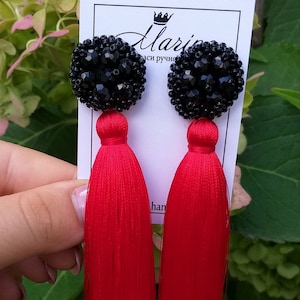 Red black tassel earrings, red black silk rhinestone tassel earrings, red crystal earrings, red dangle earrings, tassel beads earrings