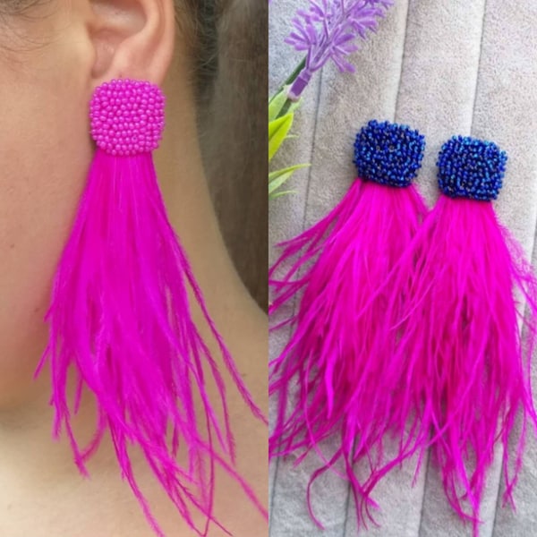 Boucles d'oreilles plumes d'autruche fuchsia, boucles d'oreilles plumes d'autruche magenta, boucles d'oreilles perles bleu marine boucles d'oreilles longues carnaval duveteux fuchsia