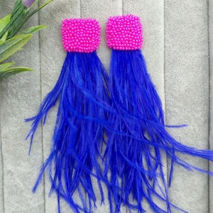 Blue pink earrings, blue ostrich feathers earrings, blue ostrich feathers earrings, fluffy carnival long earrings, beaded earrings