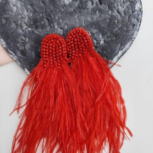 Red fluffy earrings, red feathers ostrich rhinestone earrings, feathers crystal earrings, ostrich red rhinestones crystal earrings