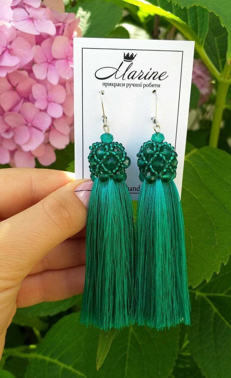 Green fringe earrings deals