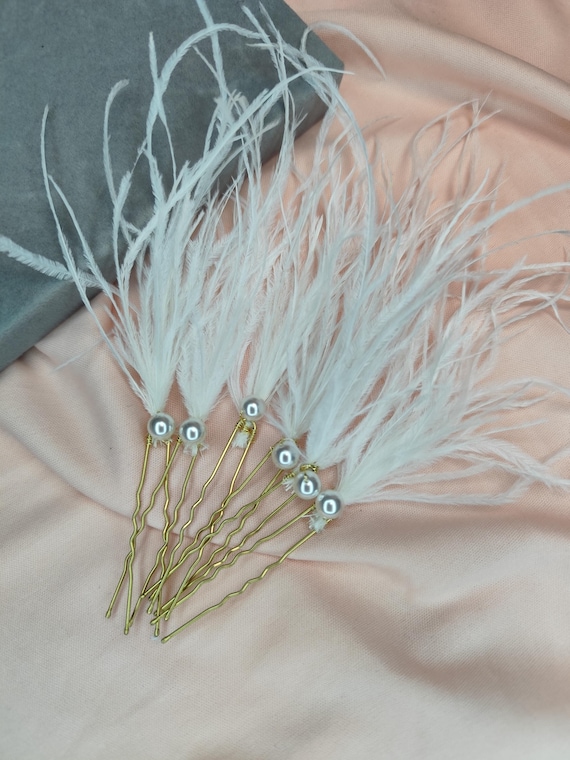 White Hair Pins, Set of 6 Pearl Bridal Feather Hair Pins  display picture 2