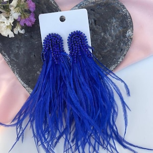 Blue fluffy earrings, blue ostrich long rhinestone earrings, feathers dangle crystal earrings, ostrich silver rhinestones earrings