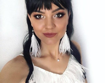 White Feather Dangle Earrings, Long Statement Boho Feather Earring, Handmade Colorful Feather Jewelry Gift for Her Custom Color