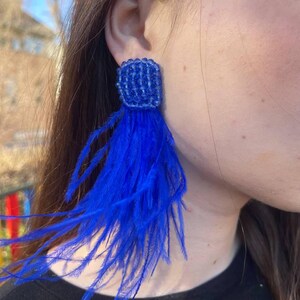 Blue ostrich feather earrings, blue long feathers earrings, blue ostrich fluffy earrings, handmade ostrich feather earrings, bead earrings
