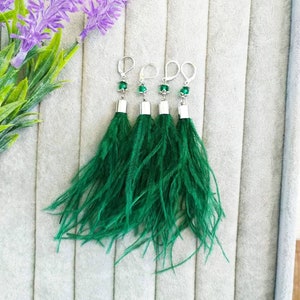 Green earrings with ostrich feathers, emerald long tassel earrings, emerald feathers fluffy earrings, green feather jewelry wedding earrings