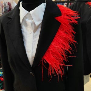 May include: A black blazer with a white collared shirt underneath, adorned with a vibrant red feather accent on the shoulder. The blazer has two buttons and a classic lapel design, creating a striking contrast.