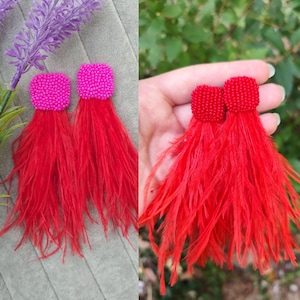 Red ostrich feathers earrings, pink beads fluffy earrings, ostrich feathers earrings, red ostrich feathers earrings