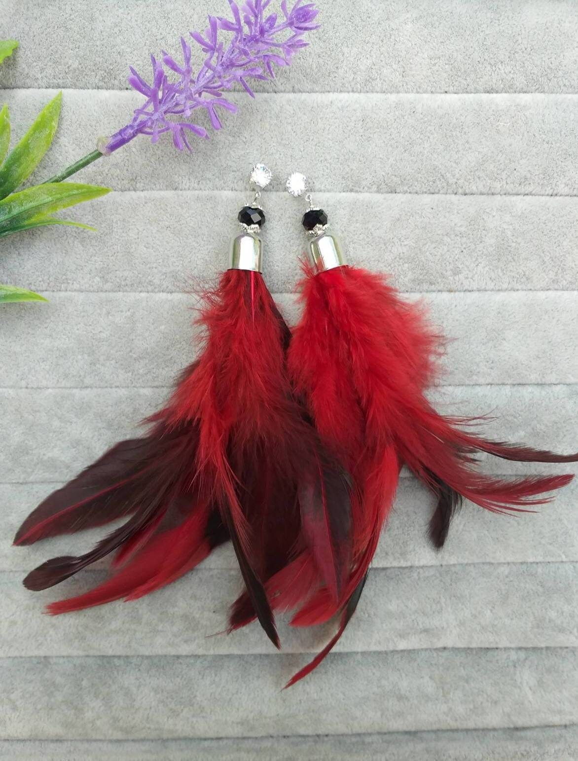 Red Turkey Feathers Earrings, Red Feathers Long Tassel Earrings, Red