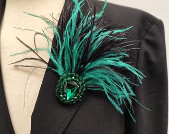 Emerald Green and Black Ostrich Feather Brooch with Crystal Beaded Embroidery and Black Center Stone, Gothic Statement Coat Pin