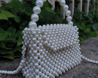 Milk beaded bag, acrylic beaded bag, small white bag, shoulder black bag, pearl beads bag, small milk bag