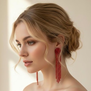 Red waterfall rhinestone earrings, long dazzling duster drops, Handcrafted Statement Jewelry, Red rhinestone earrings,red waterfall earrings