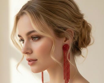 Red waterfall rhinestone earrings, long dazzling duster drops, Handcrafted Statement Jewelry, Red rhinestone earrings,red waterfall earrings
