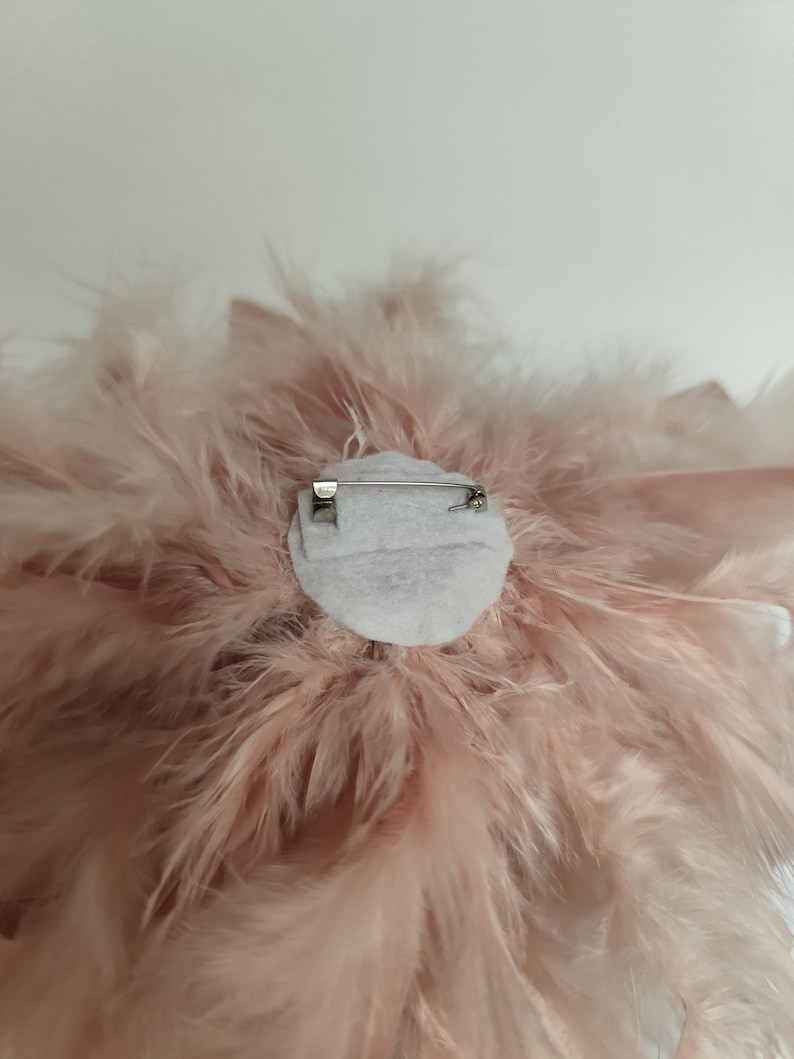 May include: A close-up of a light pink feather brooch. The brooch features a circular design with a cluster of soft, fluffy feathers. A silver pin is attached to the back for securing the brooch to clothing or accessories. The feathers are a delicate, pastel pink.