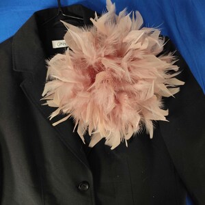 May include: A black blazer with a large, fluffy, light pink feather embellishment. The feathers are clustered together, creating a soft, textured appearance. The blazer is hanging on a black hanger against a blue background.