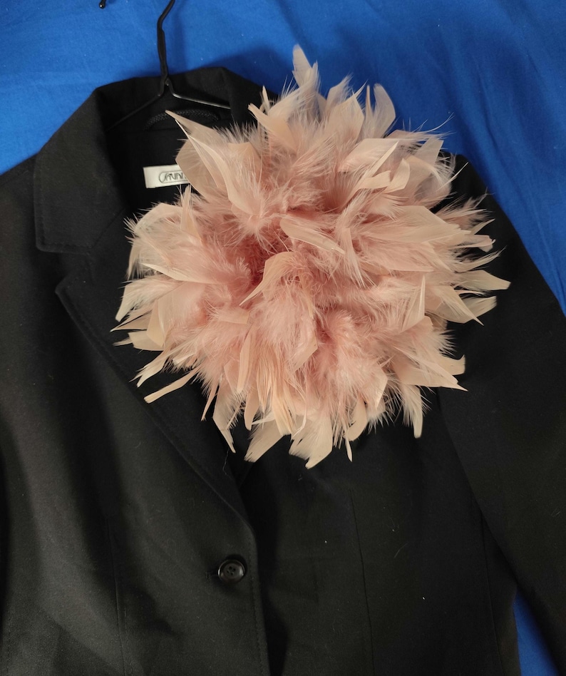 May include: A black blazer with a large, fluffy, light pink feather embellishment. The feathers are clustered together, creating a soft, textured appearance. The blazer is hanging on a black hanger against a blue background.