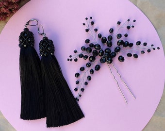 Black rhinestone accessories set, black hairpin and silk earrings set, black headpiece earrings set, black hair clip earrings, hair piece