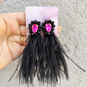Black and pink ostrich feather earrings,black long ostrich with tassels, black fluffy earrings, ostrich feather jewelry, pink earrings
