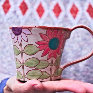 Hand-painted ceramic mug (with small defects), flower pattern | Unique piece | Artisanal pottery Alsace France | gift idea