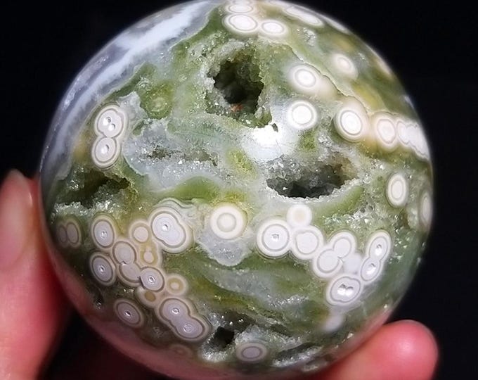 Featured listing image: 54MM Natural Orbicular V8 Ocean Jasper Sphere,Crystal Sphere Ball,Fine Sphere,Divination ball,Metaphysical Stone,Crystal Gifts,Home Decor