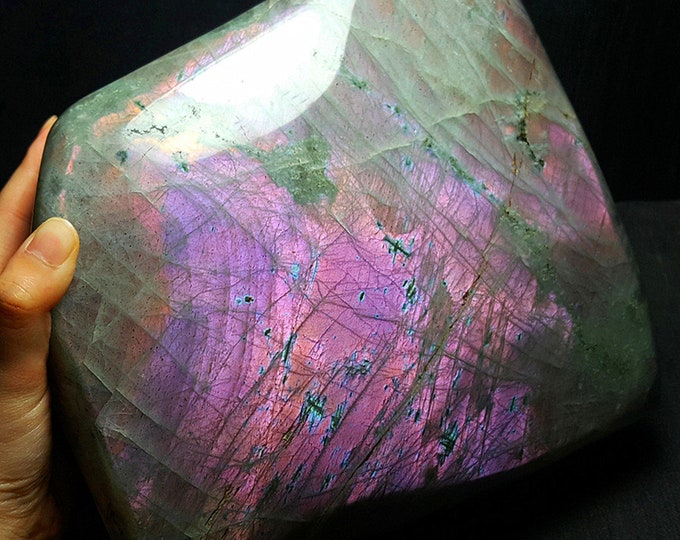 Featured listing image: AAA Large Natural Purple Flash Rainbow Labradorite Crystal Pendant Palm Stone, Polished Gemstone Stone/Labradorite Crystal Healing YU01