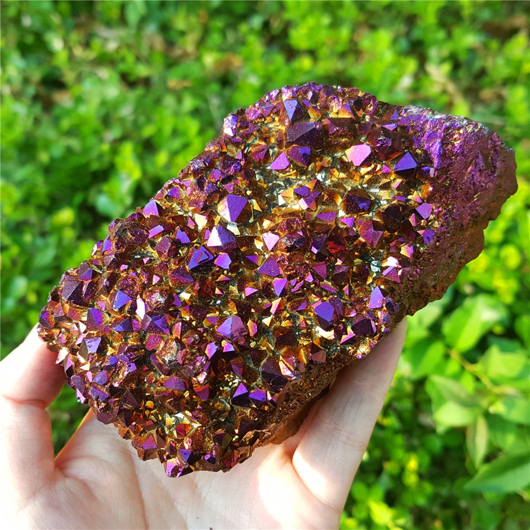 thumbnail image 2 of Natural Rainbow Aura Quartz Crystal Kyanite Titanium Cluster | Healing Stone Decor 2 of 4