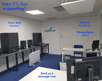 May include: A white room with a blue carpet and several 3D printers. The text "Need STL files supporting?" is at the top of the image. The text "Resin SLA models?" is on the left side of the image. The text "HENGE 3D" is on the wall. The text "Silicone moulding?" is on the right side of the image. The text "Strong Nylon parts?" is on the right side of the image. The text "Send us a message now" is at the bottom of the image.