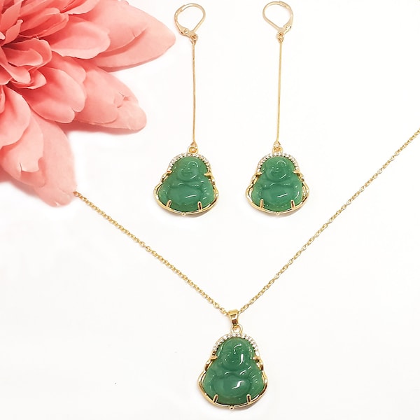 Geschnitztes Schmuckset aus Jade, Buddha mit Strass, Kette und Ohrringe