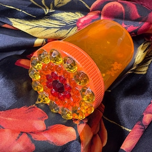 Orange Bedazzled Pill Bottle - Container for Small Objects - Vitamins & Medicine - Marijuana - Travel Sparkly Stash Jar - Take your Meds!