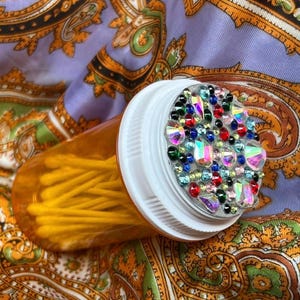 Colorful Abstract Bedazzled Pill Bottle - Container for Small Objects - Vitamins - Medicine - Marijuana - Travel - Sparkly and one of a kind