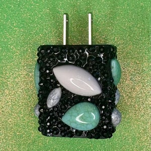 Charging Block with Black Rhinestones and Marble Stone Accents - Sleek & Shiny Power Block - USB Wall Charger with Style and Flair