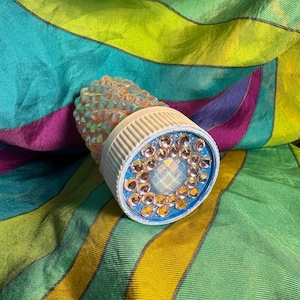 Blue Holographic Bedazzled Pill Bottle - Container for Small Objects - Vitamins - Medicine - Marijuana - Travel - Sparkly and one of a kind
