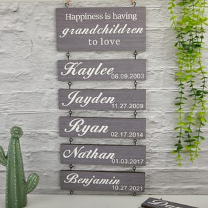 May include: A grey wooden sign with the text "Happiness is having grandchildren to love." Below are individual name plaques with names and dates: Kaylee 06.09.2003, Jayden 11.27.2009, Ryan 02.17.2014, Nathan 01.03.2017, and Benjamin 10.27.2021.