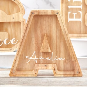 Personalized Large Wooden Kids Letter Piggy Bank, Wood Gift For Kids, Wood Alphabet Letter Bank Money Box Birthday, Custom Name Coin Bank