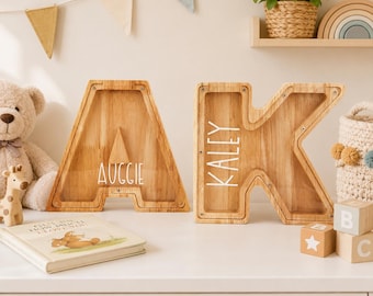 Custom Wooden Letter Piggy Bank, Oak Acrylic Coin Bank, Personalized Name Money Box