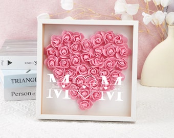 Flower Heart Shadowbox for Mom，Custom Rose Frame Shadowbox，Roses Shadowbox with Names，Personalized Custom Flower Shadow Box