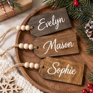 Personalized Wooden Stocking Tag, Farmhouse Christmas Stocking Name Tag, Wooden Present Tags, Beaded Holiday Ornament