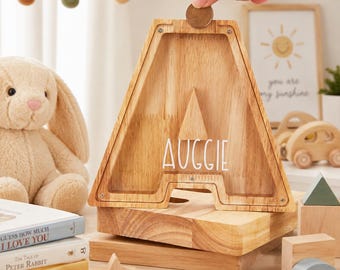 Wooden Letter Piggy Bank, Wooden Money Box, Custom Initial Coin Bank, Name Piggy Bank, Money Box, Gift for Child, Baby Boy Gift, Baby Gift