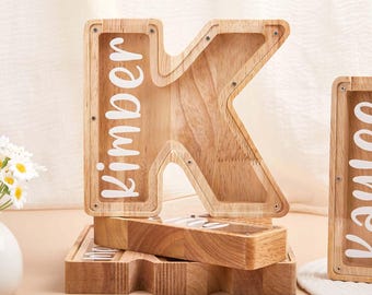 Custom Name Coin Bank,Personalized Large Wooden Kids Letter Piggy Bank, Wood Gift For Kids,Wood Alphabet Letter Bank Money Box Birthday