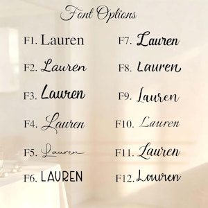 Peut inclure: Un tableau intitul&eacute; Font Options pr&eacute;sentant douze styles de police noirs distincts &eacute;tiquet&eacute;s de F1 &agrave; F12. Chaque option affiche le pr&eacute;nom Lauren &eacute;crit dans une police script, serif ou sans-serif unique pour montrer les choix de lettrage.