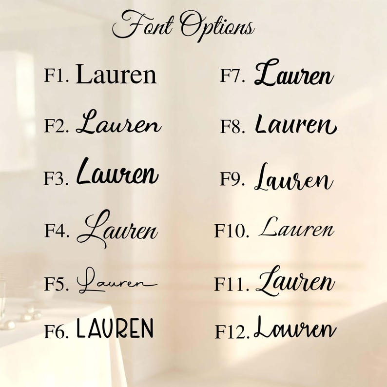 Peut inclure: Un tableau intitul&eacute; Font Options pr&eacute;sentant douze styles de police noirs distincts &eacute;tiquet&eacute;s de F1 &agrave; F12. Chaque option affiche le pr&eacute;nom Lauren &eacute;crit dans une police script, serif ou sans-serif unique pour montrer les choix de lettrage.
