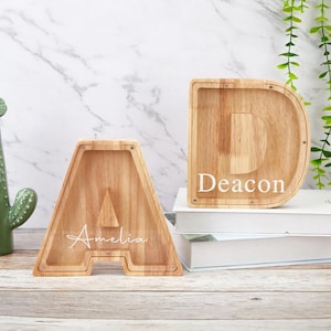 Personalized Large Wooden Kids Letter Piggy Bank, Wood Gift For Kids, Wood Alphabet Letter Bank Money Box Birthday, Custom Name Coin Bank
