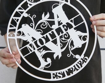May include: A white wooden family name sign with the names "Ivan & Elsa" and "Motley" in a circular design. The sign includes the year "EST 2025" and decorative floral elements.