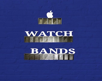 May include: A white Apple logo on a blue brick wall with the text "WATCH BANDS" in white letters.