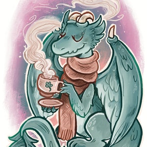 May include: A teal green dragon wearing a brown scarf is sitting and holding a cup of tea with a shamrock on it. The dragon is in front of a purple and pink background with white smoke.