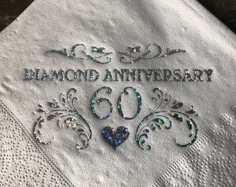 Serviettes à cocktail 60e anniversaire de mariage de diamant en papier recyclé avec motif imprimé en aluminium étincelant